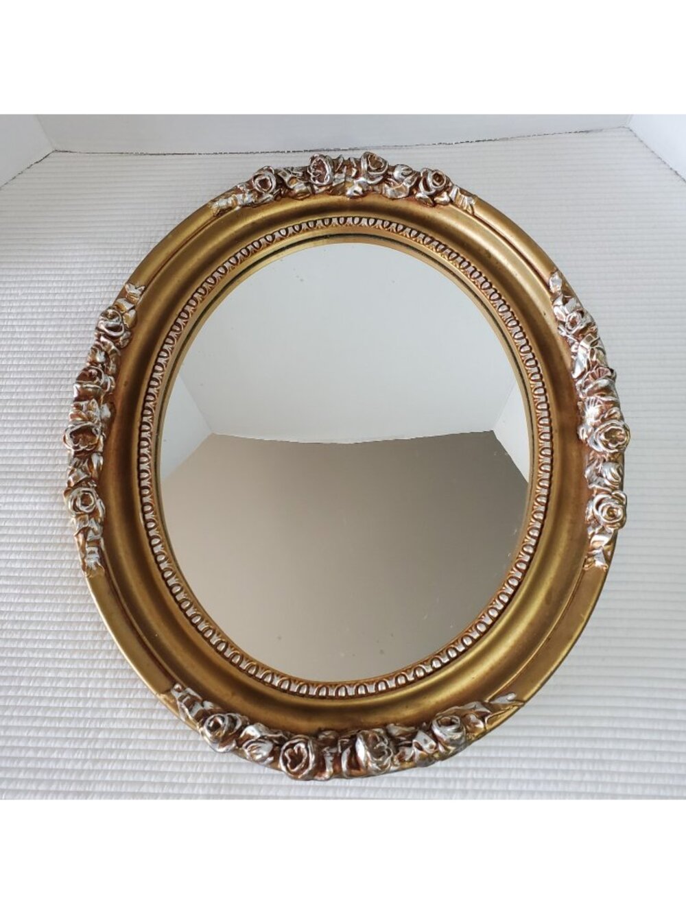 Vintage Mirror 17"x11" Oval Gold Roses Painted Resin Ornate Victorian Baroque